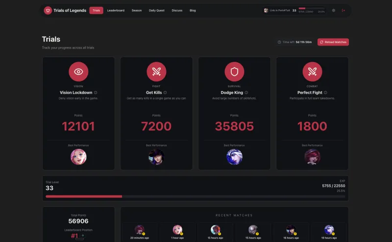 Player trial progress and recent matches