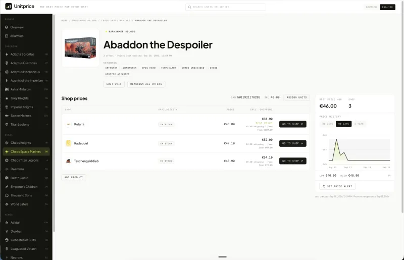 Unit detail page with price history