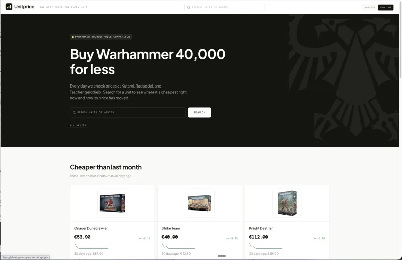 Unitprice start page with search
